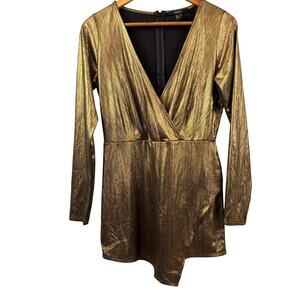 Forever 21 Metallic Gold Romper Deep V- Neck Faux Skirt Long Sleeve Medium Party
